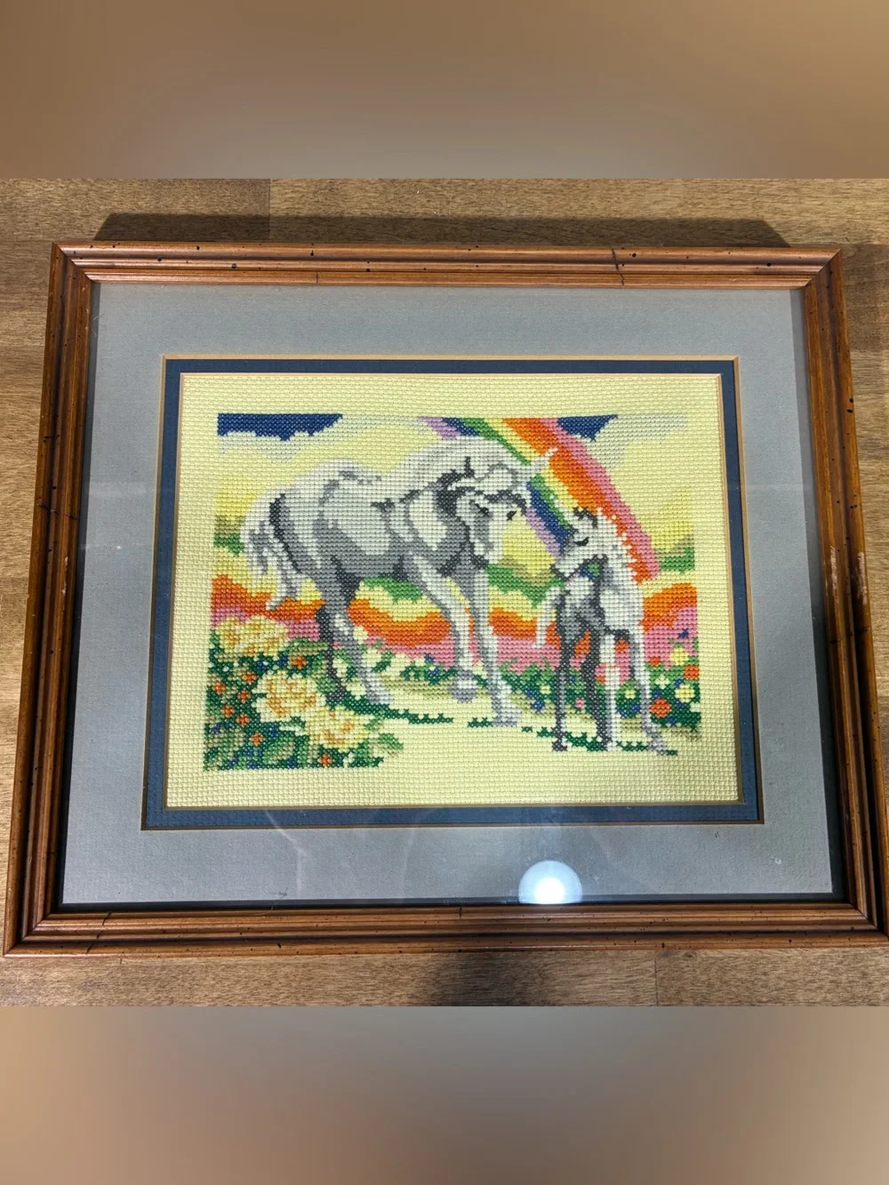 Vintage Handmade 1985 Unicorn Needlepoint Cottagecore Framed Art